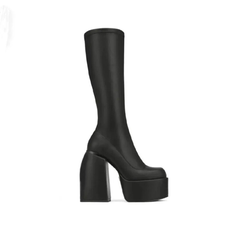 VCSHOES Black Thick-Heel Platform Round Toe Knee-High Boots Woman Thick-Soled Slim Elastic High-Heeled Boots Shoes For Women