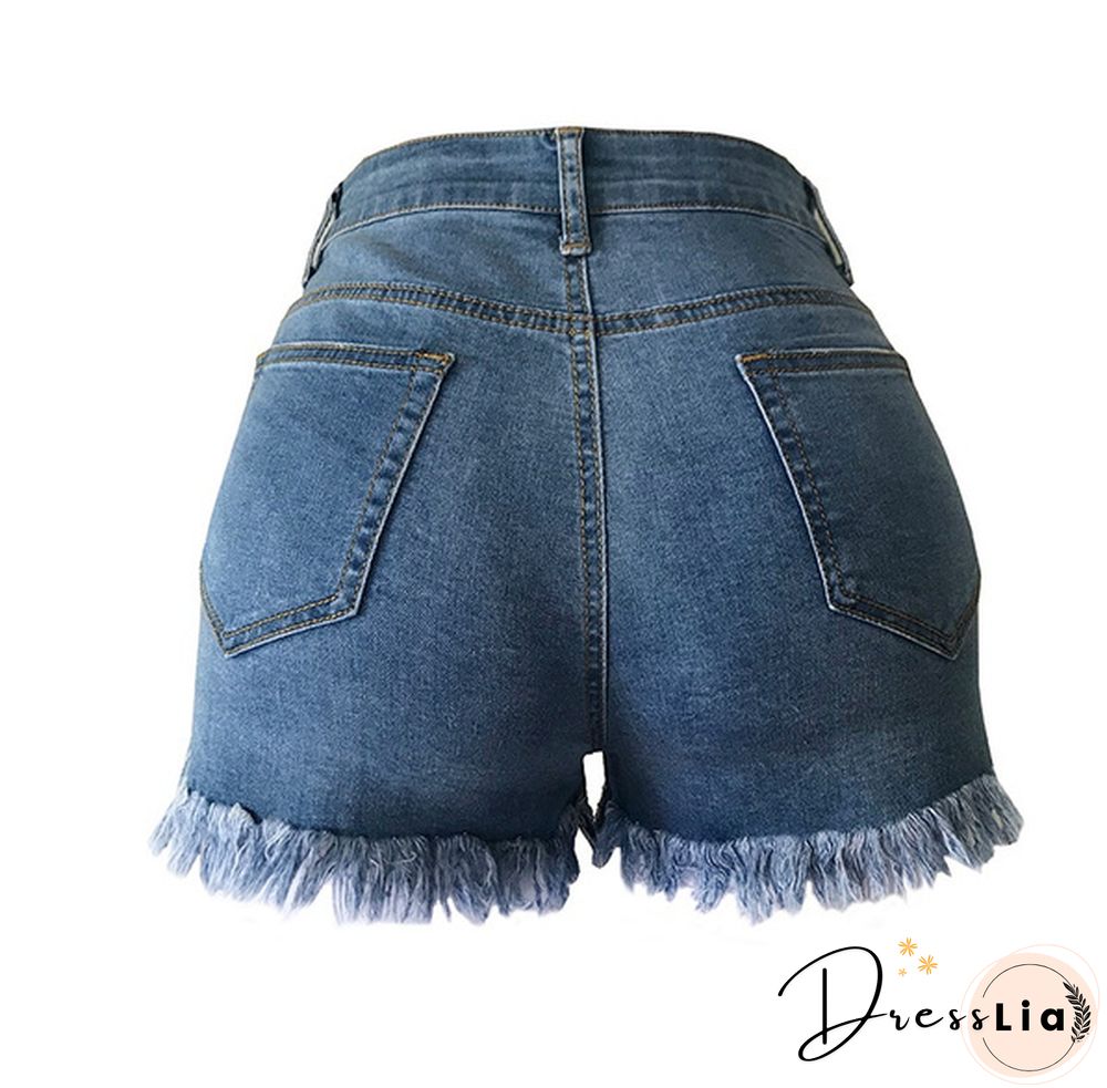 Fashion Women High Waist Tassel Hole Shorts Jeans Denim Slim Casual Short Pants