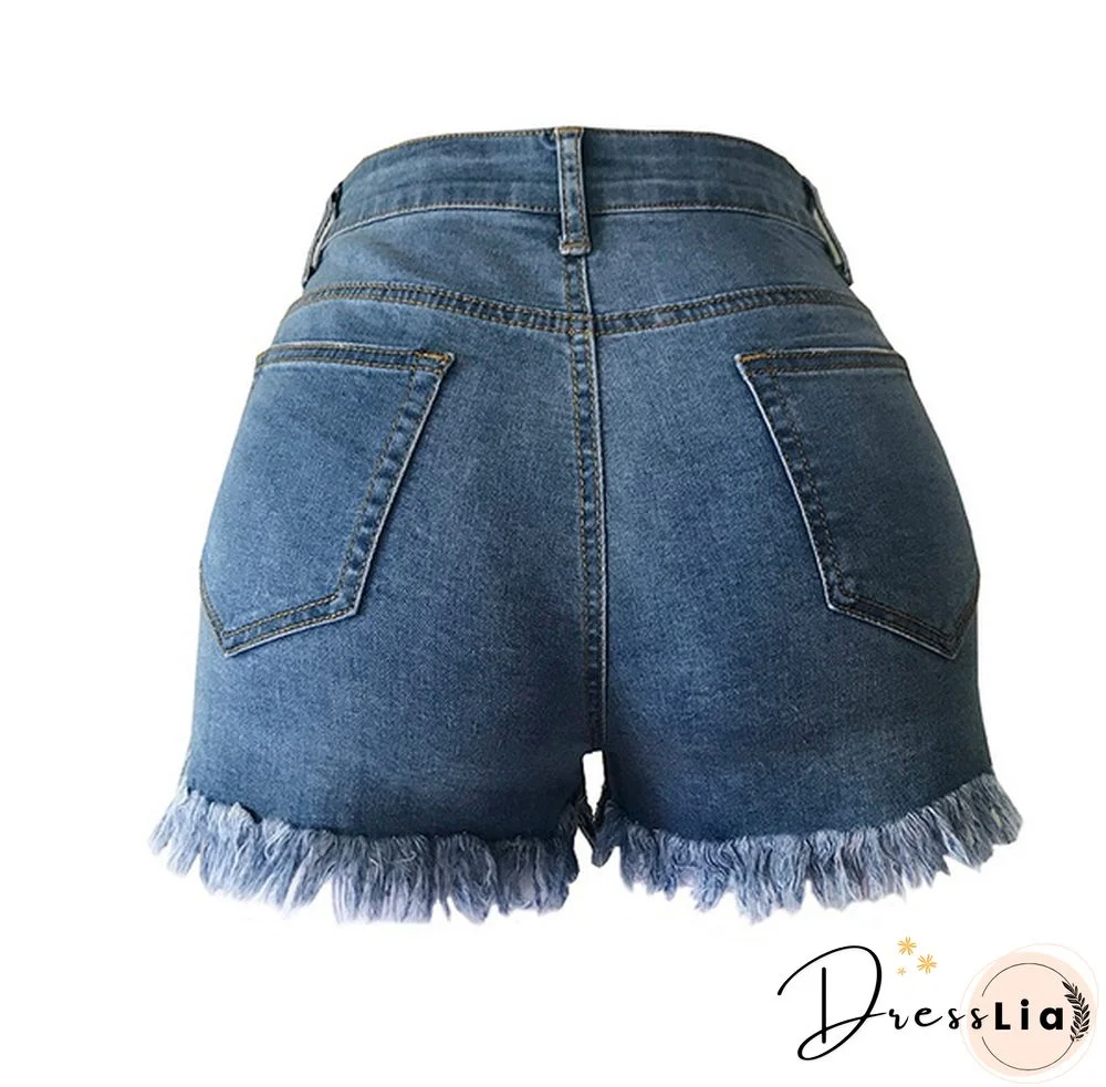 Fashion Women High Waist Tassel Hole Shorts Jeans Denim Slim Casual Short Pants