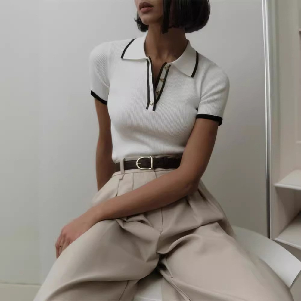 Ootddress Knit Sweater Pullover Women Short Sleeve Patchwork Slim Lapel Elegant Contrast Knitwear Top Female Skinny Ribbed Pullover