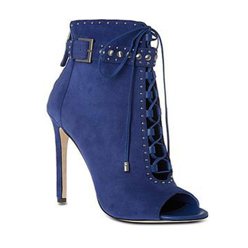 VCSHOES Denim Strap Peep Toe High Heel Ankle Boots