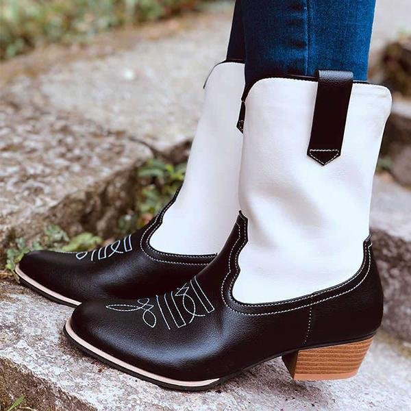  Elegant Mixed Colors Split Joint Slip On Chunky Heel Mid-Calf Boots