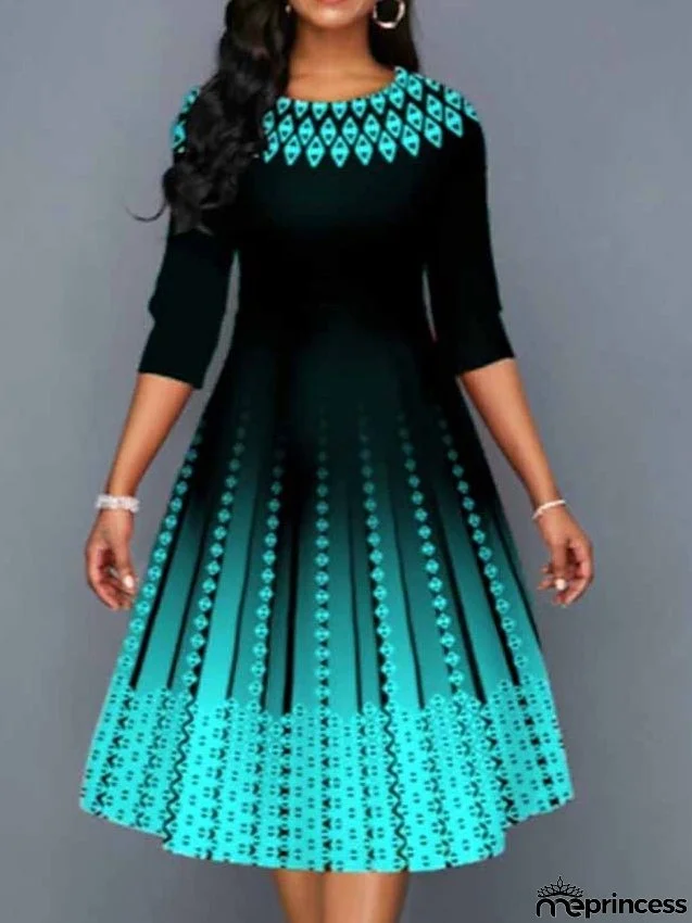 Work Dress Swing Dress Church Dress Midi Dress Red Royal Blue Blue 3/4 Length Sleeve Print Print Summer Spring Crew Neck Elegant S M L XL XXL 3XL 4XL 5XL for Women