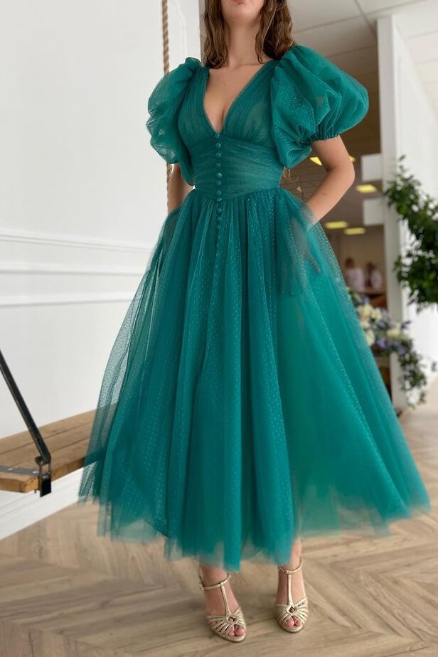 Luluslly Emerald Bubble Sleeves Tulle Prom Dress With Buttons V-Neck