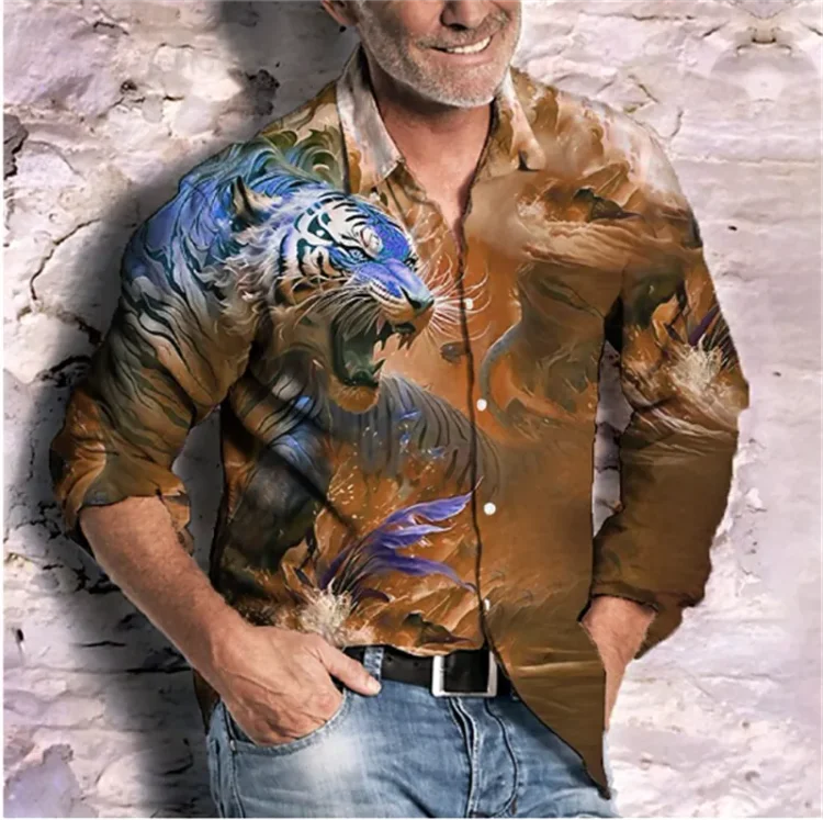 Kakacloud Men's fashionable long sleeve lapel graphic shirt, fashionable print, street style, suitable for spring and autumn casual wear