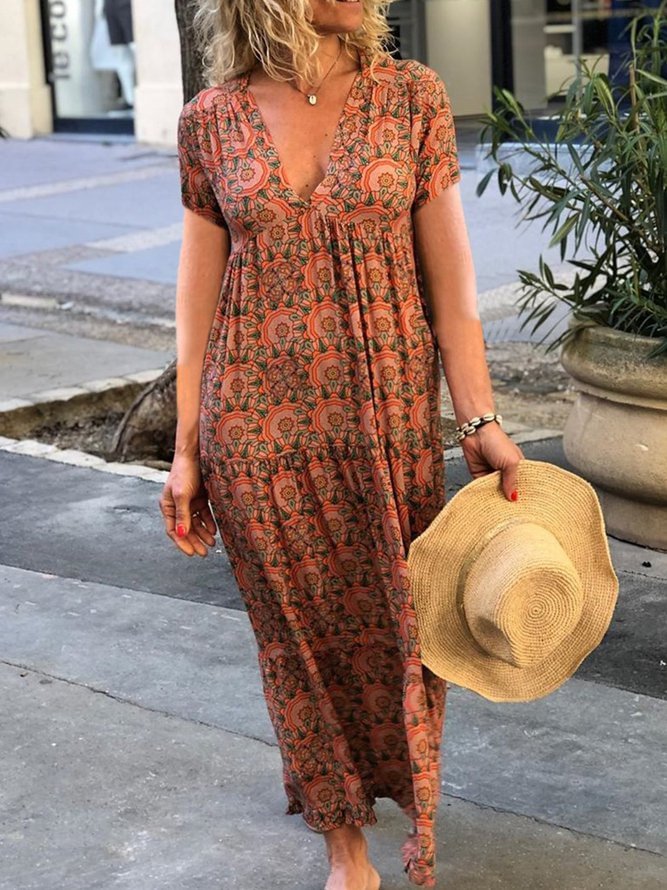 Orange Boho Floral V Neck Cotton-Blend Dresses Zaesvini