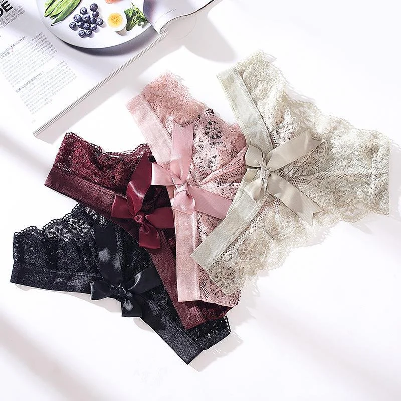 Brownm Sexy Lace Trousers Female Transparent Hollow Sex Fun Sports Low-Rise Without Scars Ladies Trousers Bow