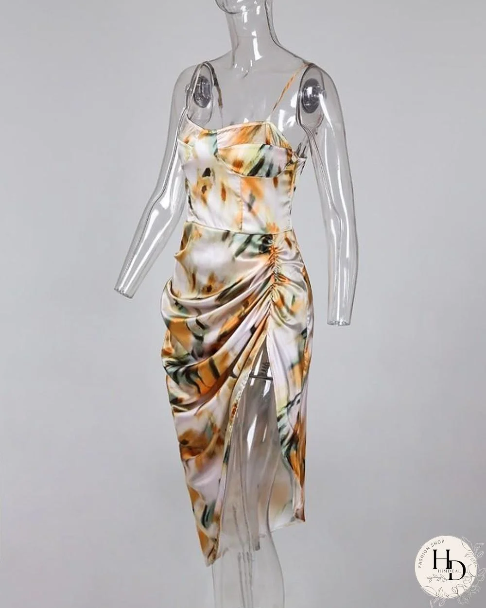 Abstract Print Spaghetti Strap High Slit Ruched Dress P10027