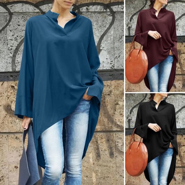 ZANZEA Spring Autumn V Neck Blouse Plus Size Long Blouses Shirt Tops For Women Irregular Hem Casual Clothes - BlackFridayBuys