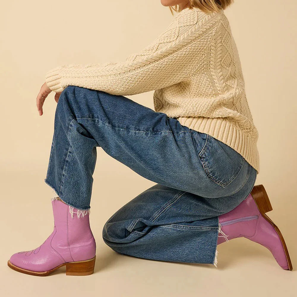 Orchid Purple Mid Block Heel Stitching Western Boots for Women