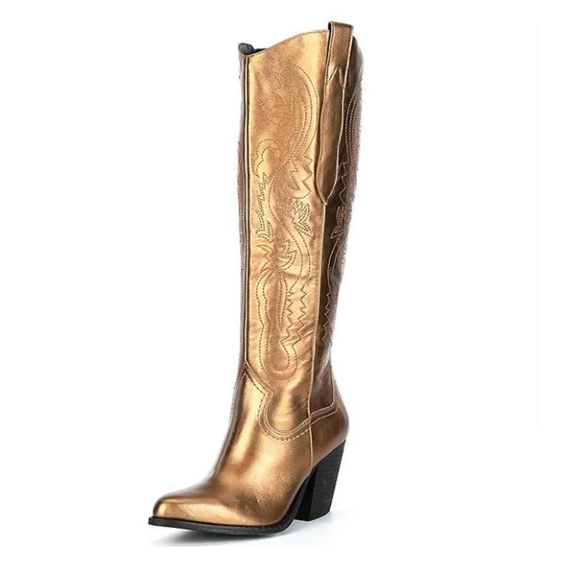 Women Pointed Toe Thick Heel Metallic Leather Western Cowboy Boots Bowknot Embroidery Knee-length Boot Botas Mujer