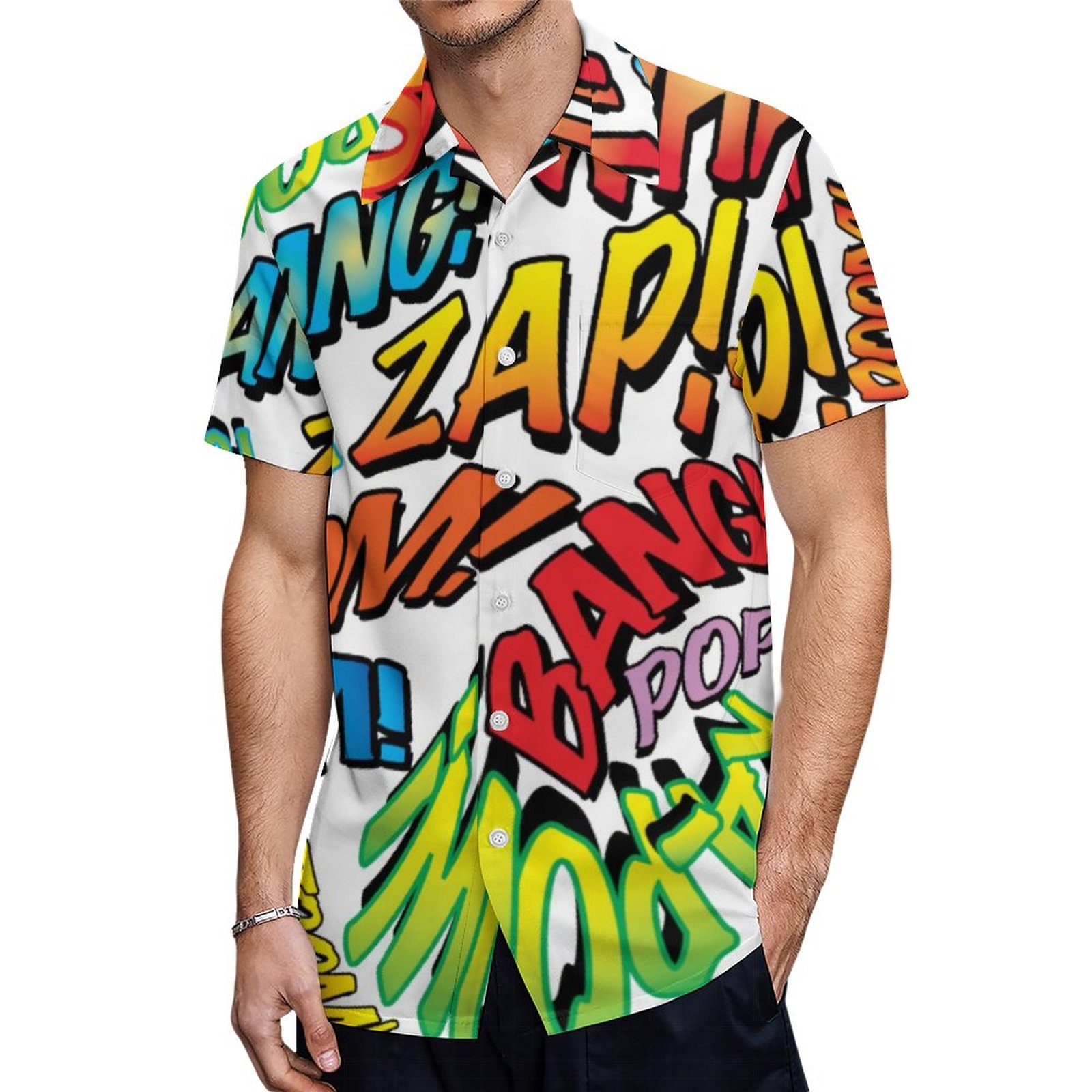 Fun Typographic Comic Book Pop Art Sounds Hawaiian Shirt Mens Button Down Tropical Hawaii Beach Shirts