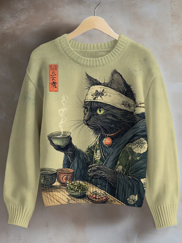 Women's Cat Drinking Tea Japanese Tea Ceremony Art Print Knit Sweatshirt