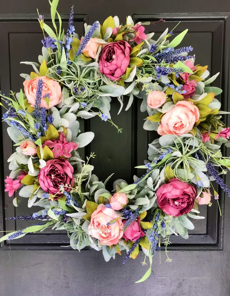 Summer peony wreath for front door - Lambs ear farmhouse wreath