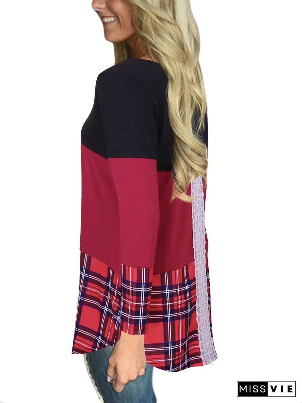 Women's Scoop Neck Long Sleeve Plaid Tops