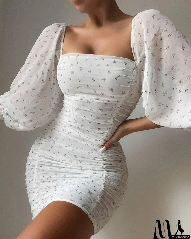 MidiSono - Casual White Floral Long Sleeve Dress