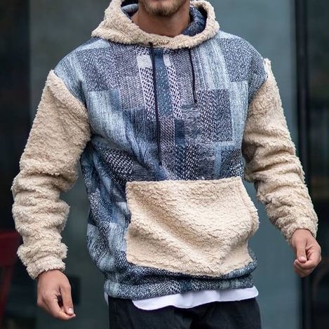 Graphic Print Stitching Polar Fleece Hooded Sweatshirt
