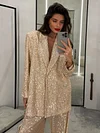 Women's Sequin Elegant Prom Party Deep V Neck Blazer &  Long Pants Set 
