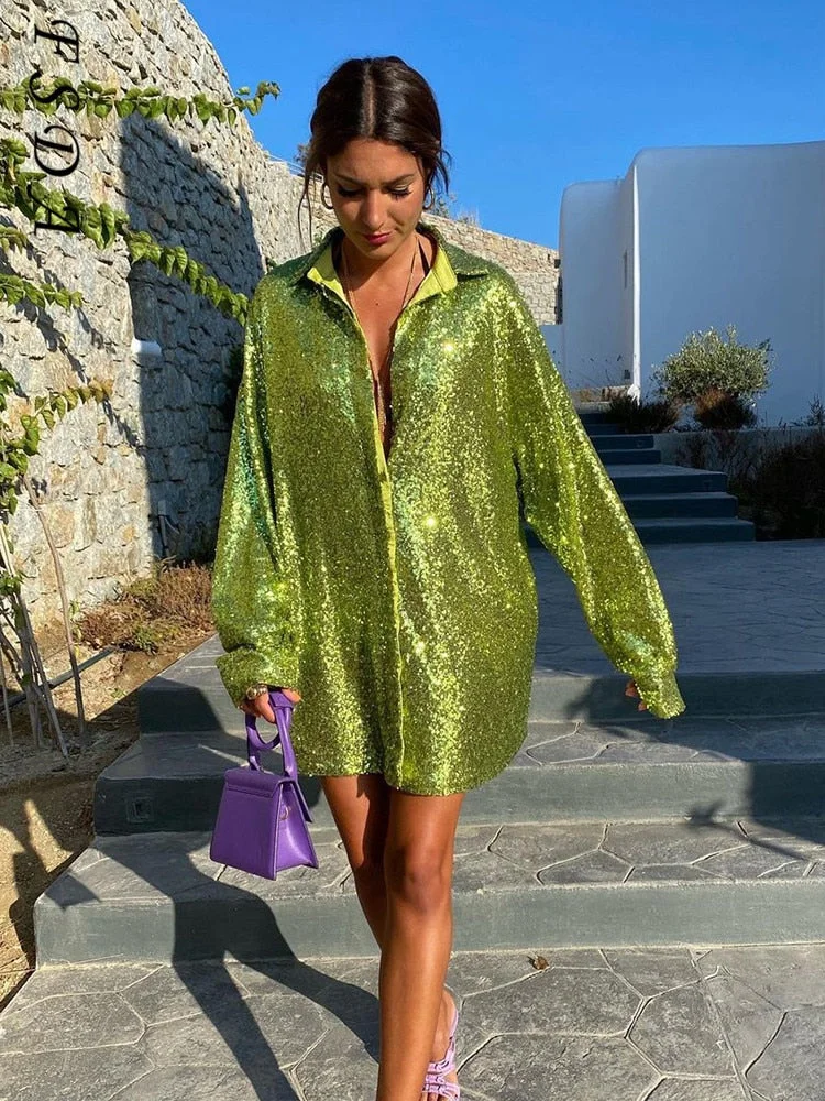 FSDA Mini V Neck Green Sequins Party Dresses Shitrs Long Sleeve 2021 Autumn Winter Loose Pink Y2K Women Dress Sexy Club Glitter