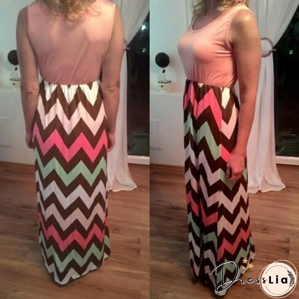 Fashion Women BOHO Party Dress Ladies Striped Print Maxi Summer Beach Long Plus Size S-5XL