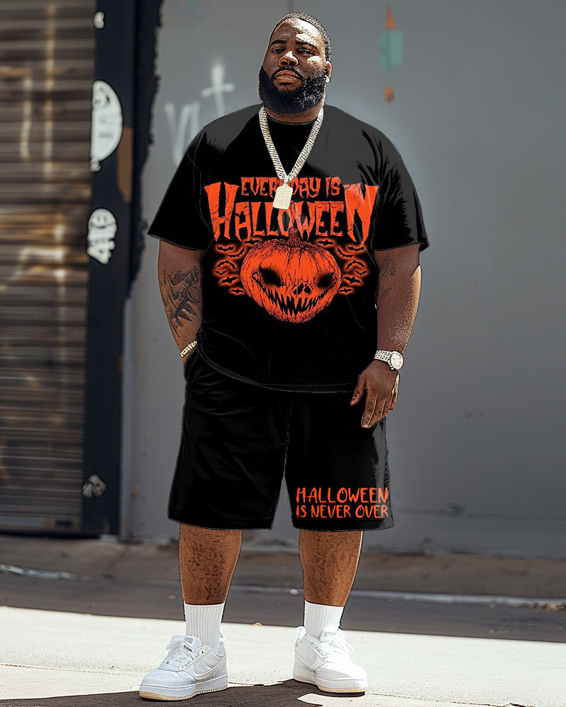 Men's Plus Size Street Fashion Always Halloween Pumpkin Print T-Shirt Shorts Suit