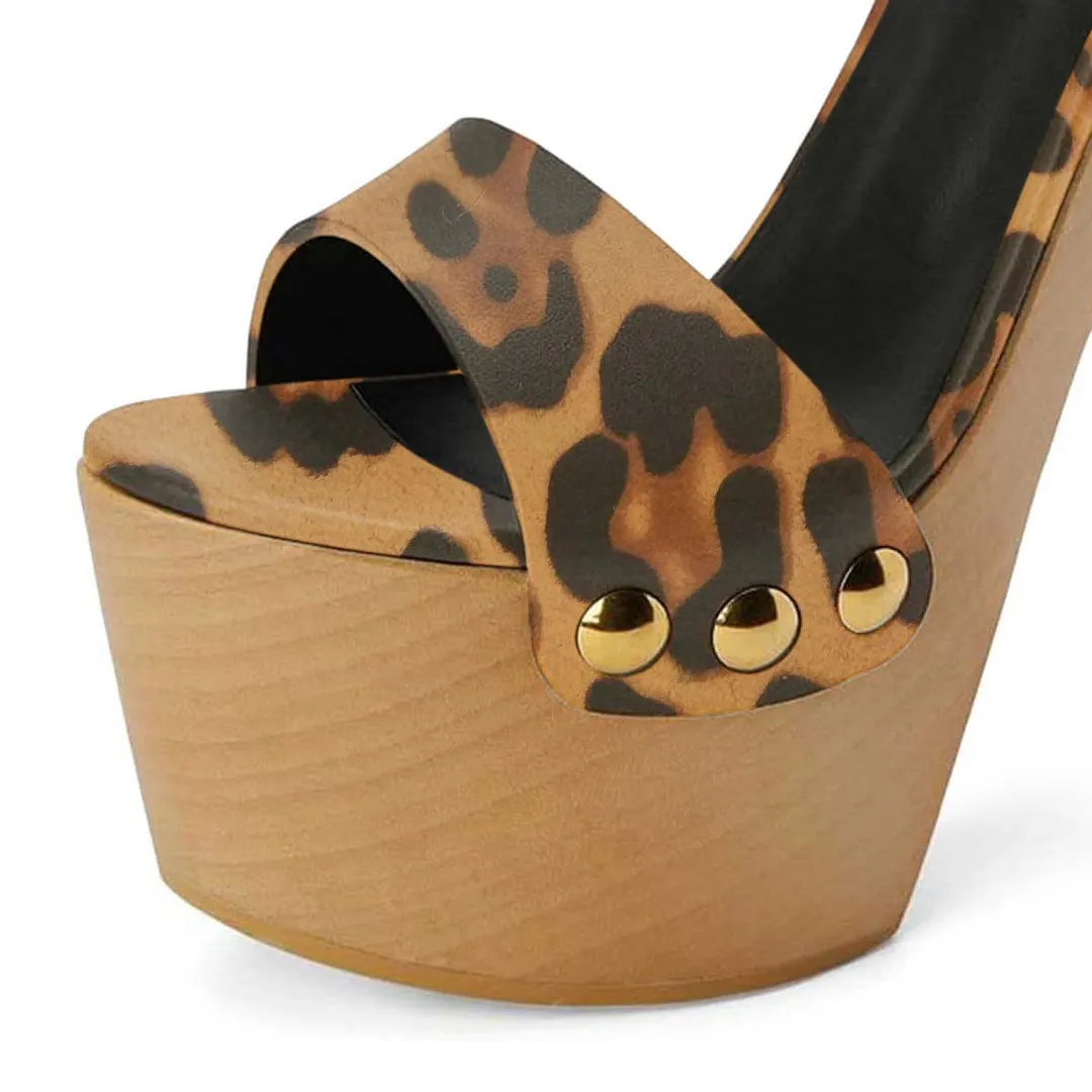 Leopard Print Open Toe Studded Ankle Strap Platform Heel Sandals