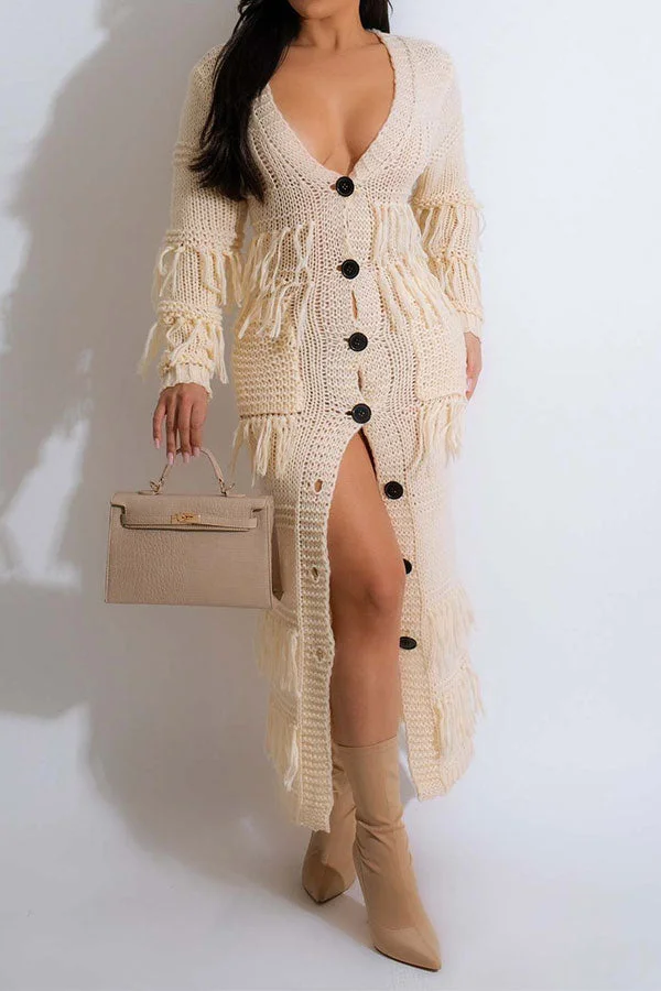 Tassel Patchwork Elegant Single Breasted Knitted Midi Dress