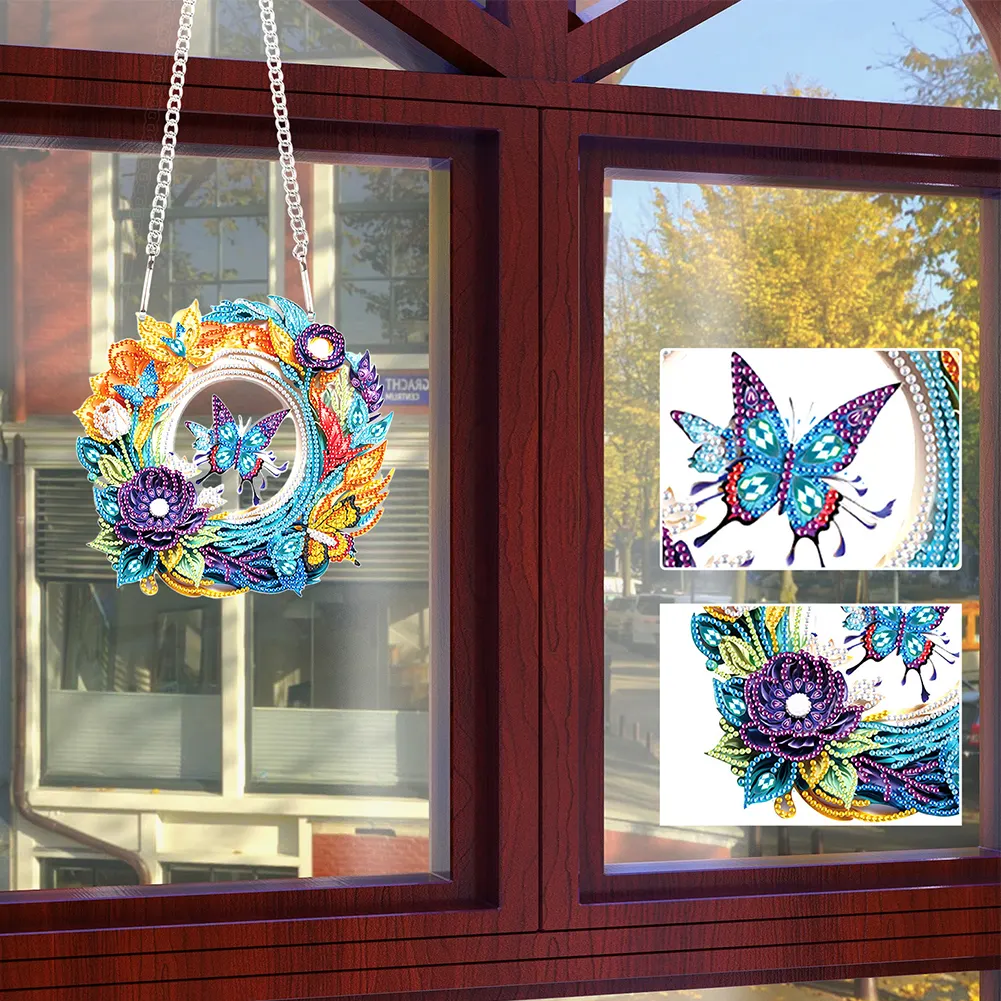 DIY Flower Butterfly Acrylic Special Shaped+Round Diamond Painting Wreath Ornament for Xmas Wall Decor