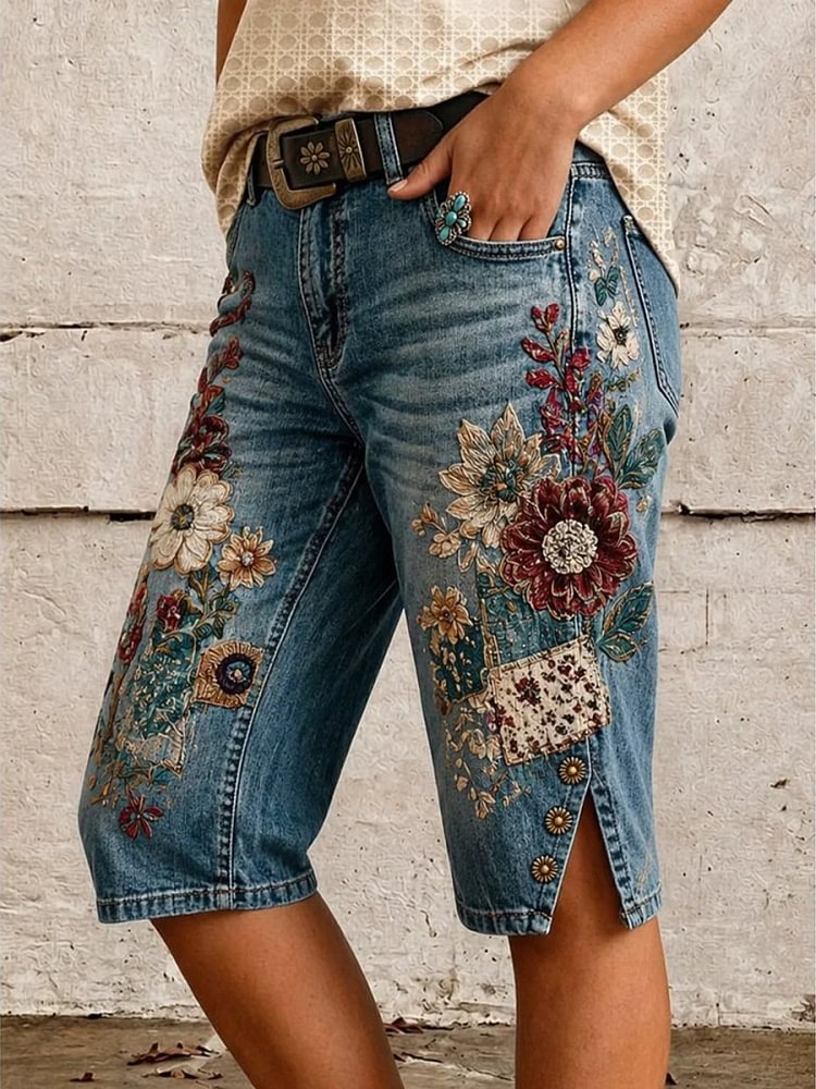 Women's Boho Floral Print Mid-Length Split Hem Denim Bermuda Shorts