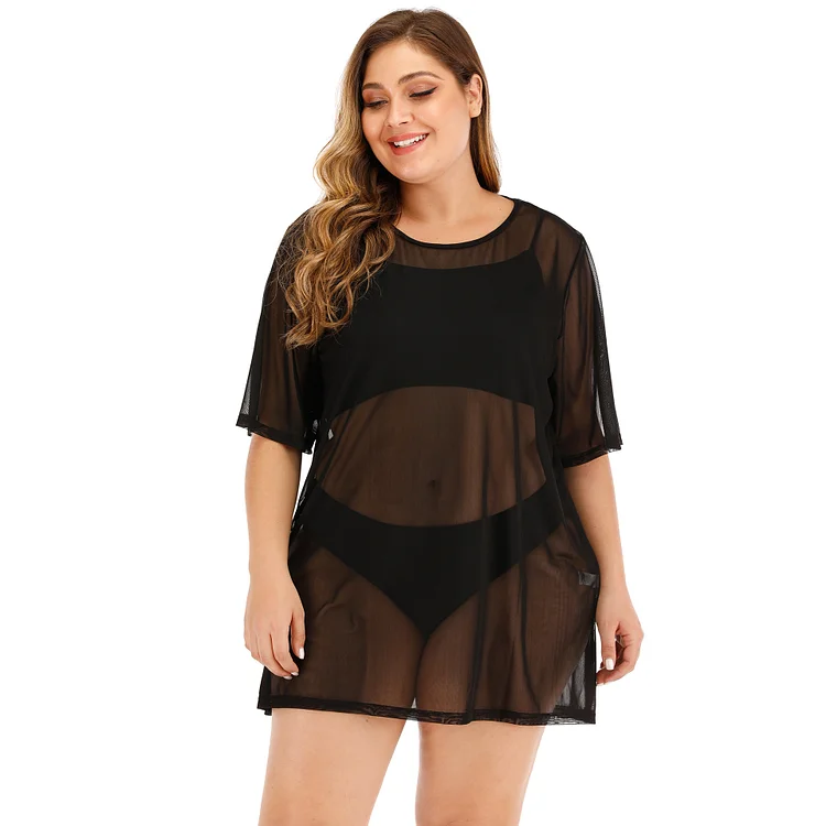 Beach Vacation Bargain! EU/US Plus Size Women's Black Sheer Mesh Bikini Cover-Up Dress | Sexy Lightweight & Multi-Size, Perfect for Photos👙