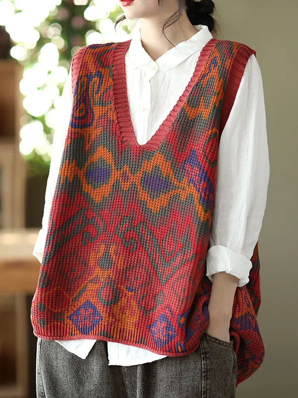 Vintage Contrast Color V-Neck Knitting Vest Outwear