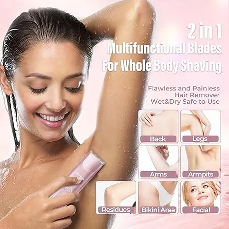 2 in 1 Women Electric Shaver Dual Head Bikini Trimmer IPX7 Waterproof Wet and Dry Dual Use Body Hair Trimmer Facial Hair Remover for Bikini Underarms Legs Arms Body Face Pink