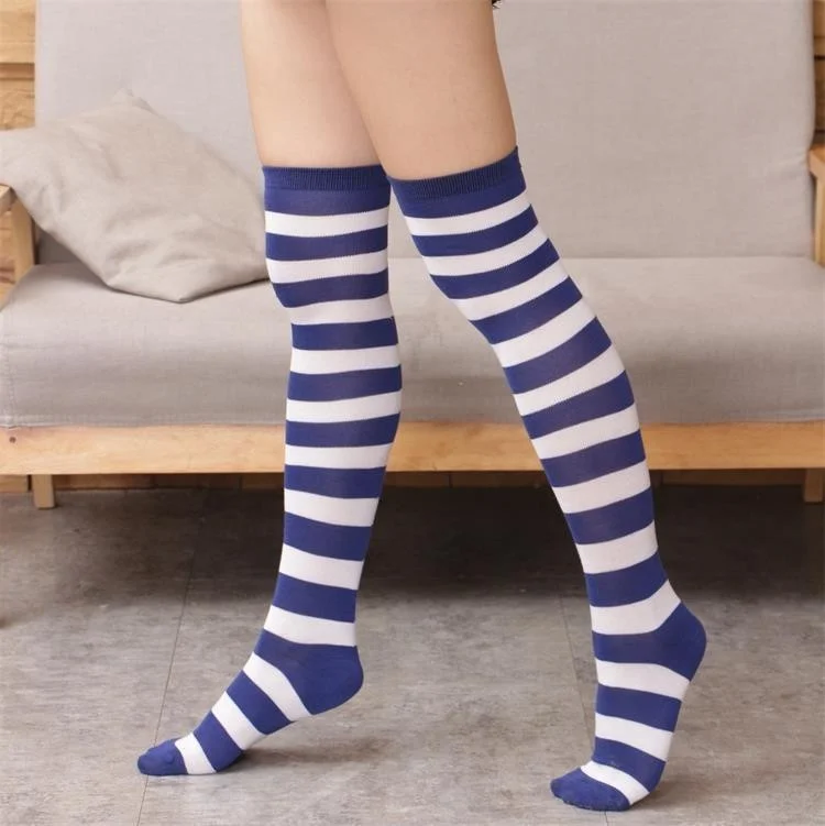 Over Knee Black White Blue Red Long Stripe Japanese Cartoon Tight High For Women Girl Cosplay Student Kawaii Tights