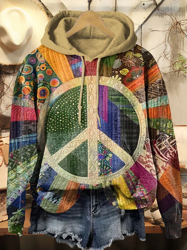 Retro Peace Collage Print Casual Hoodie Sweatshirt