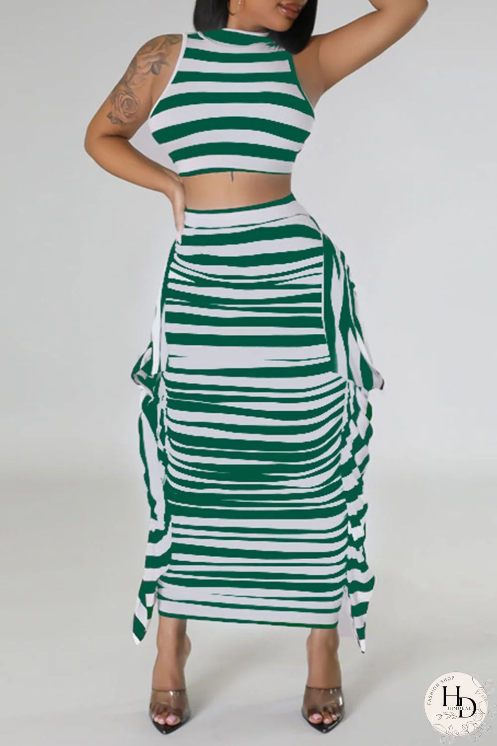 Red Casual Striped Print Patchwork Flounce O Neck Sleeveless Two Pieces