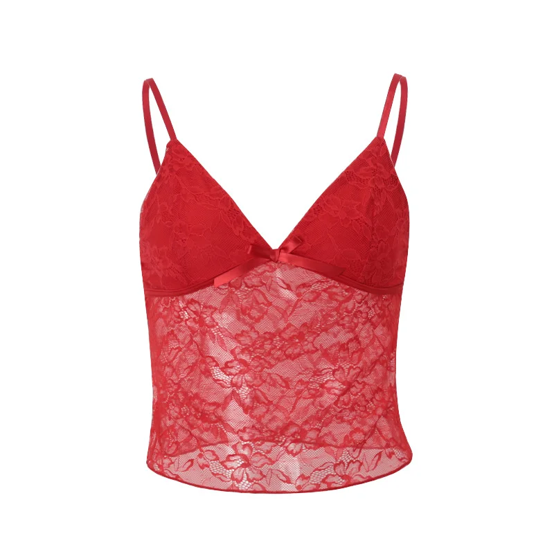 Toloer Toloer Summer New Ins Sexy V-Neck Royal Sister Wrapped Chest Micro Transparent Lace French Pure Desire Halter Top-Outfit Ideas