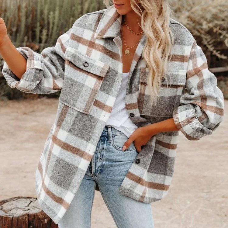 Women's Jacket Plaid Flannel Long Sleeve Button Down Coat