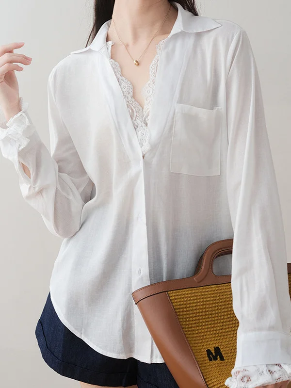 Athvotar Athvotar Splicing Two V-Neck White Shirt Women's 2025 New Spring Top Design Small Shirt