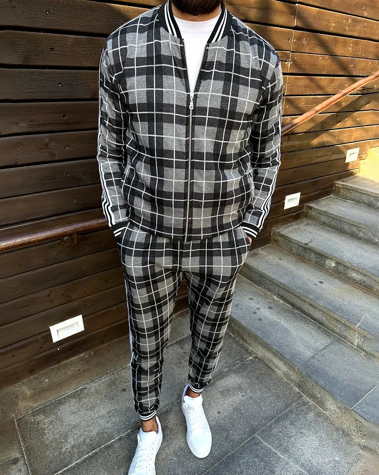 Men's 2 Piece Zipper Tracksuit Plaid Sweatsuit