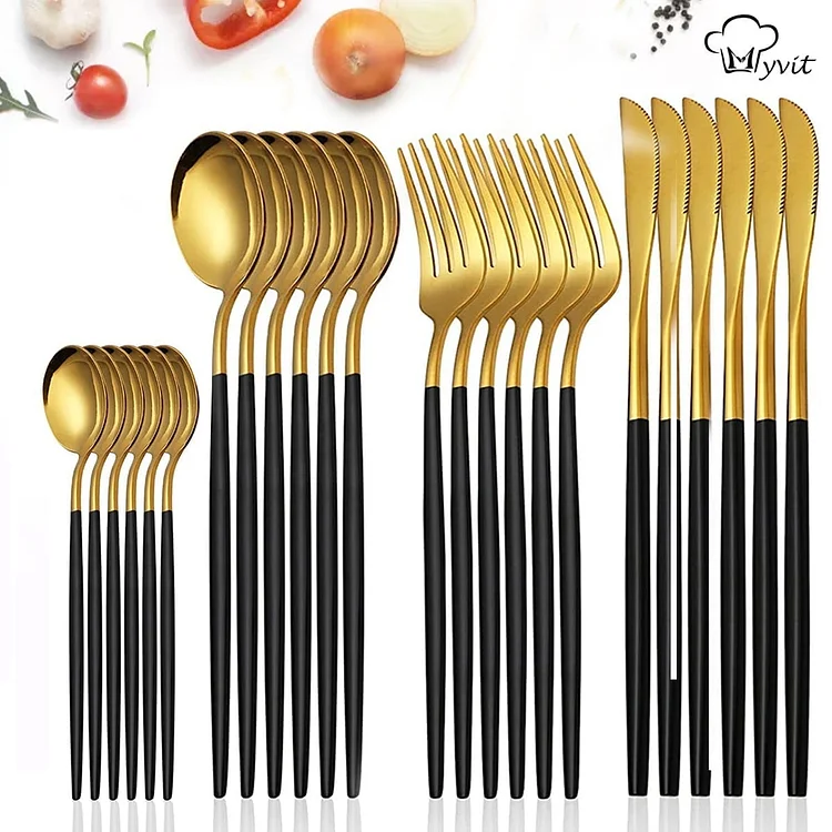 MYVIT Black and Gold Silverware Set 24 Piece Stainless Steel Cutlery Flatware Set,Knives Fork Spoon Tableware Service for 6