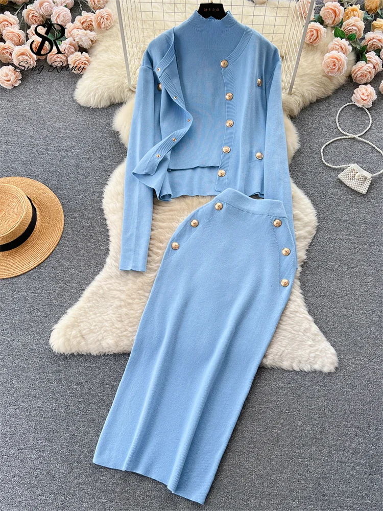 Huibahe Winter Fashion Knitted Suits Women Slim Knit Vest+Elastic Long Skirt+Warm Cardigans 2024 OL Sweater Three Pieces Sets