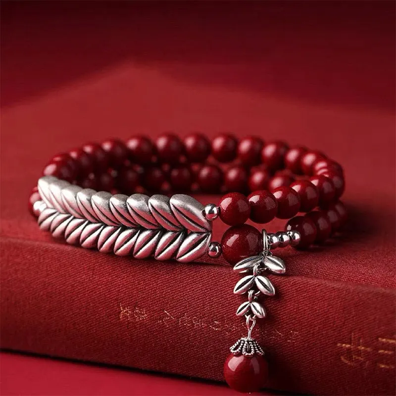 Silver Cinnabar Wheat Pattern Blessing Bracelet