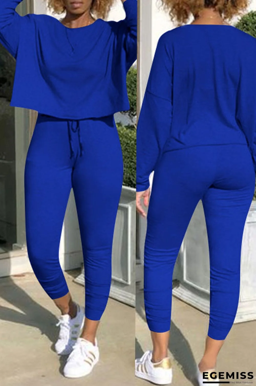 Blue Drawstring High Solid pencil Pants Two-piece suit | EGEMISS