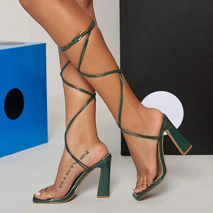 Green Chunky Heel Sandal Women's Square Toe transparent Shoes Wrap Heels |FSJ Shoes