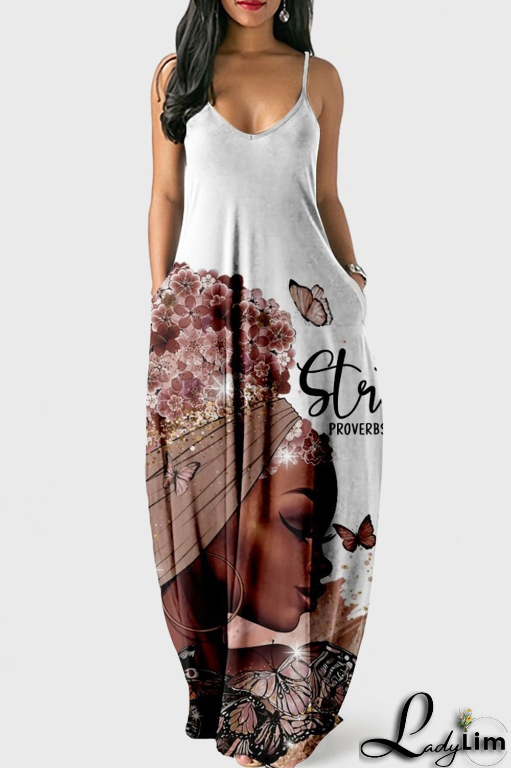 White Blue Fashion Sexy Print Backless Spaghetti Strap Long Dress