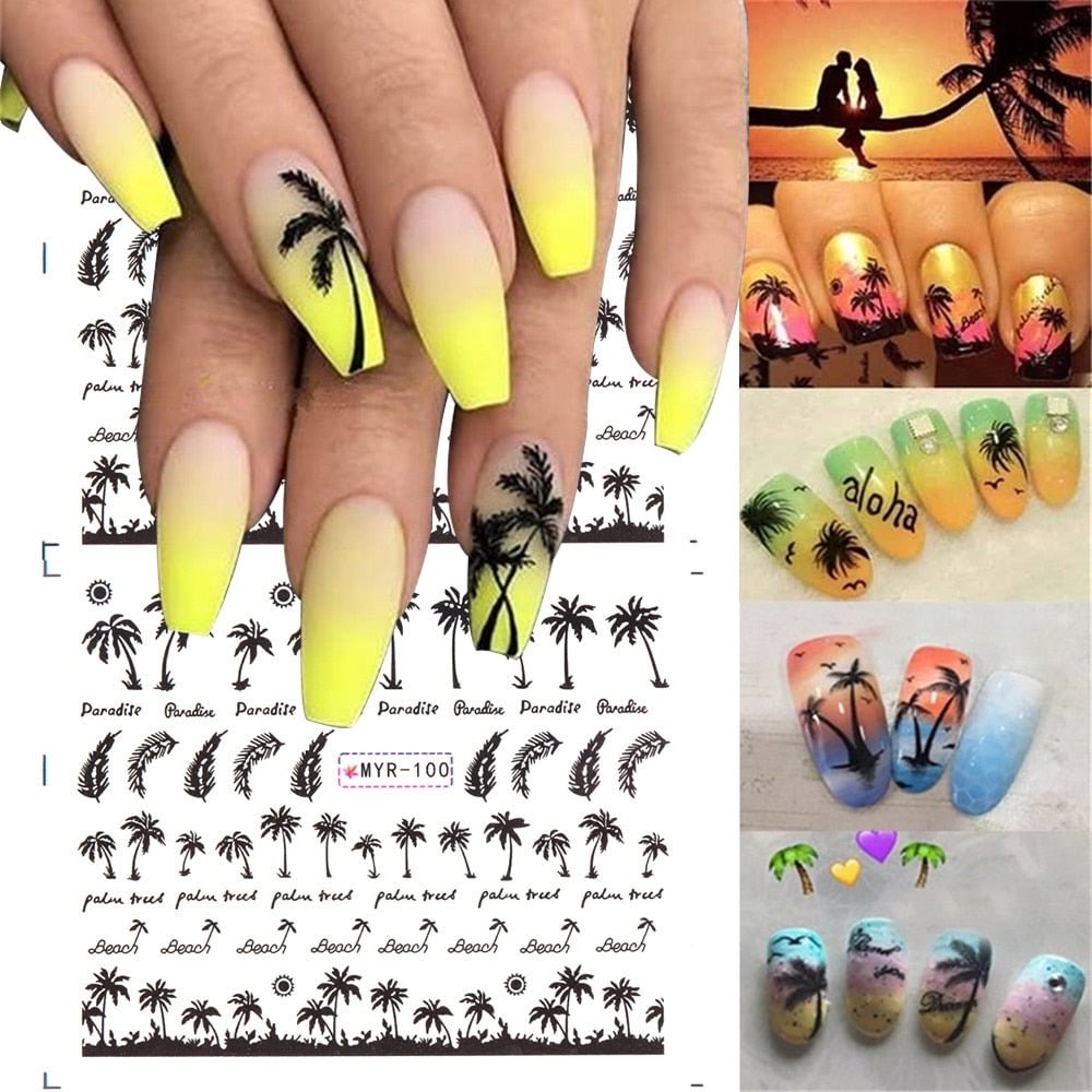 2Pcs 2022 Tropical Style Summer Palm Tree Design Nail Stickers Coconut Tree Water Transfer Paper Nail Decals DIY Nail Art Decor