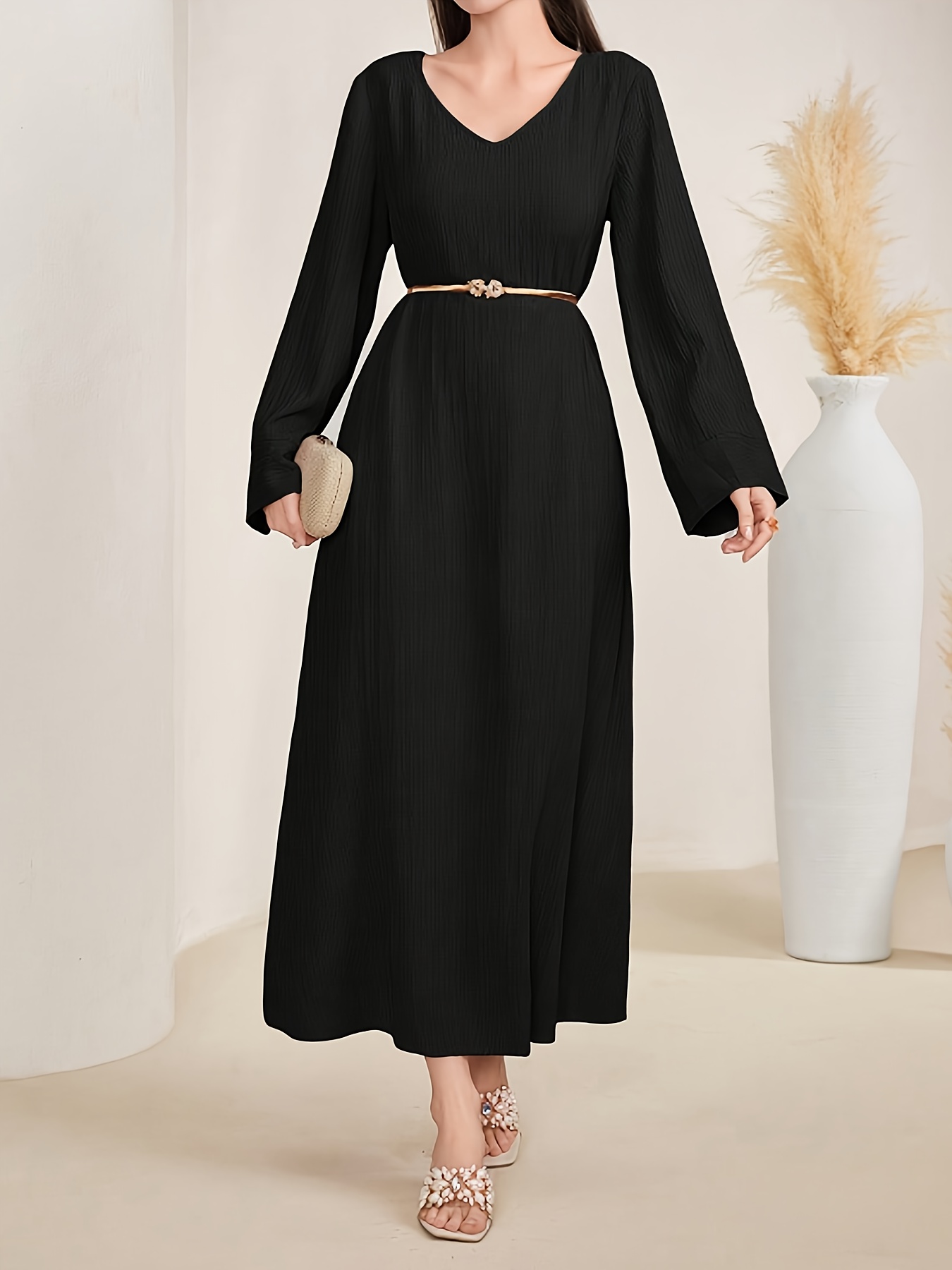Women's Elegant V-Neck Long Sleeve Arabesque Dress - Solid Color Black Traditional Style, Machine Washable, Spring Summer Fall Versatile Wear For Casual & Formal Occasions, Seasonal Fashion, Flowy Fabric, Nonstretch Fabric, Arabic Style | IFYHOME