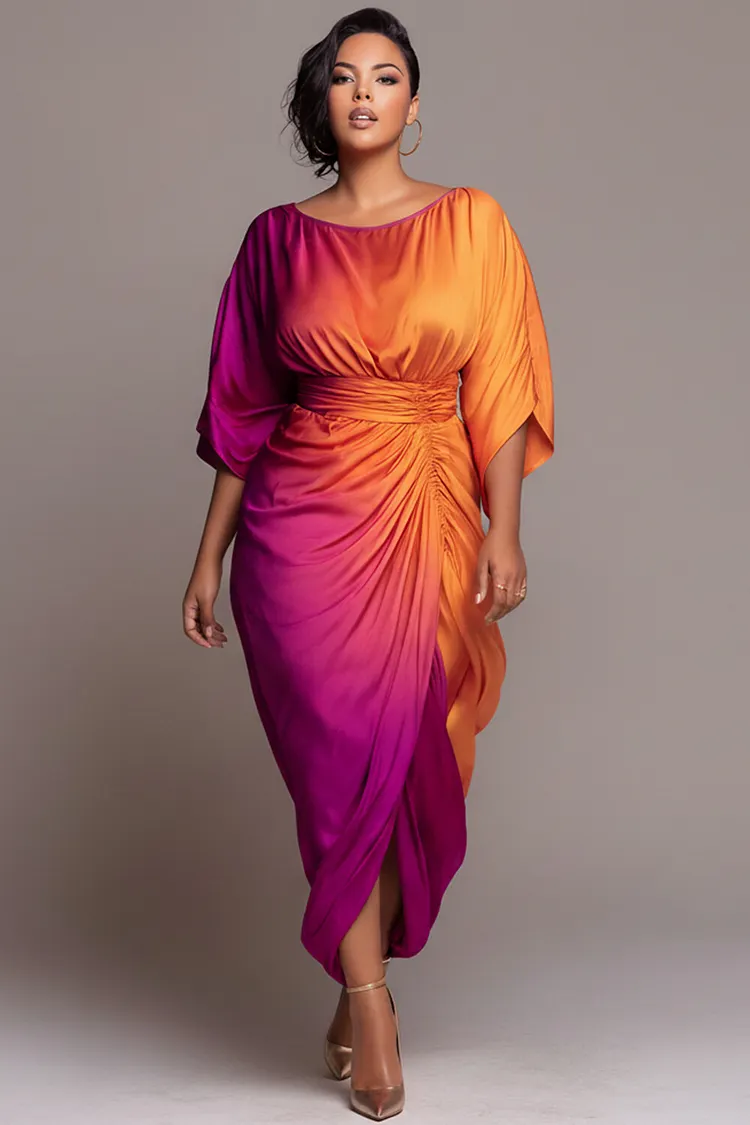 Xpluswear Design Plus Size Cocktail Party Purple Gradient Round Neck Half Sleeve Fold Split Satin Midi Dresses [Pre-Order] 2024 - Xpluswear