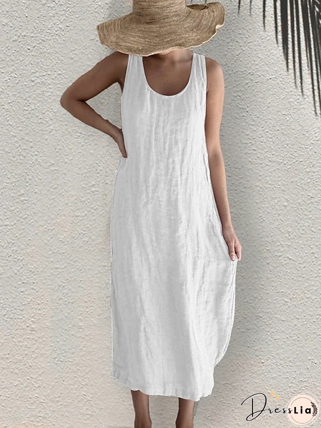 Casual Dress Cotton Linen Dress Tank Dress Midi Dress Linen / Cotton Blend Basic Casual Outdoor Daily Vacation U Neck Basic Sleeveless Summer Spring Regular Fit Black White Pink Plain S for Women