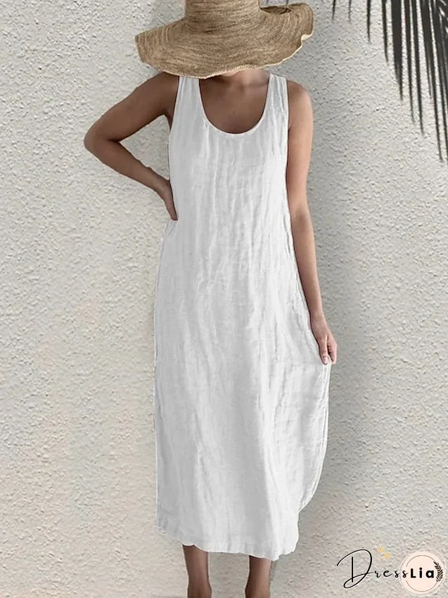 Casual Dress Cotton Linen Dress Tank Dress Midi Dress Linen / Cotton Blend Basic Casual Outdoor Daily Vacation U Neck Basic Sleeveless Summer Spring Regular Fit Black White Pink Plain S for Women